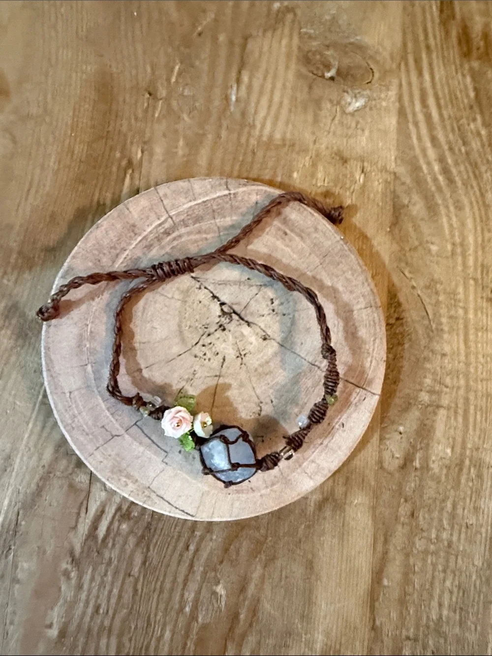 Brown Hemp Bracelet with Green Bead and Pink Rose Accent